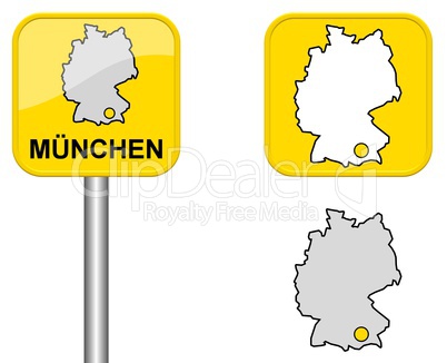 Ortsschild, Deutschlandkarte und Button von München