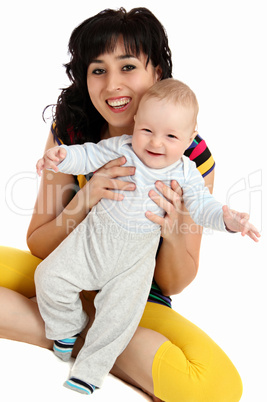 smiling mother and happy baby first steps