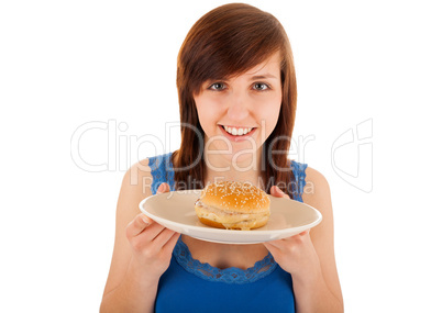 Die junge Frau isst einen Cheeseburger