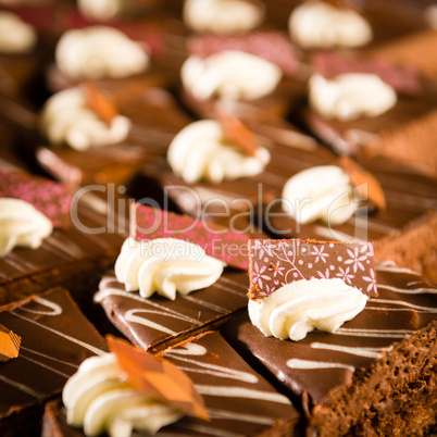 Tastefully decorated chocolate cake pieces
