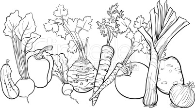 vegetables group illustration for coloring book