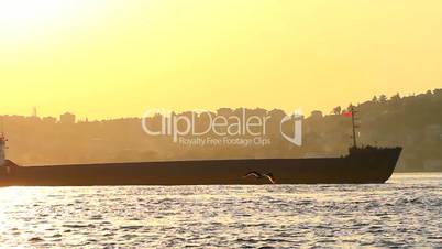 Tanker ship cruising against sunset