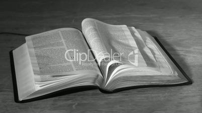 Bible pages turning in the wind in black and white