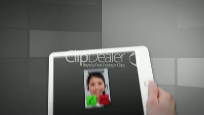 Montage of a tablet showing a call centre situation