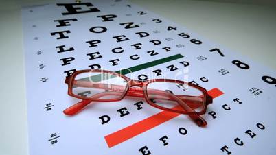 Red reading glasses falling onto an eye test