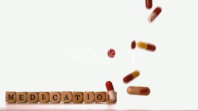 Different tablets pouring over dice spelling medication