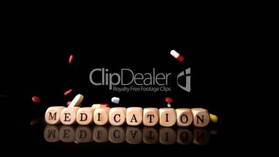 Different tablets rolling over dice spelling medication