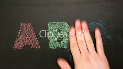 Hand rubbing off abc drawn on chalkboard