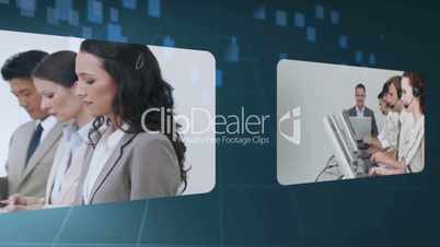 Futuristic montage of screens showing business people at work