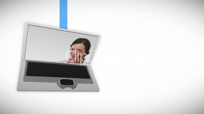 Blue cloud revealing call center employee in laptop screen