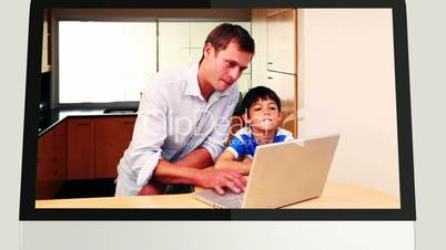 Screens revealing family using laptop