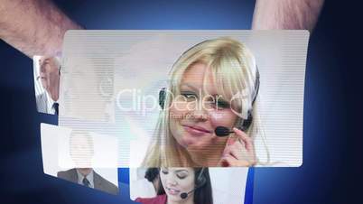 Montage of call centre workers on screens
