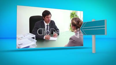 Business and call center montage on blue background