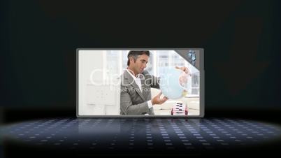 Montage of businessman looking at globe and couple packing suitcase