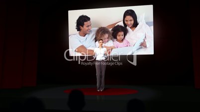 Animation of businesswoman presenting a family montage