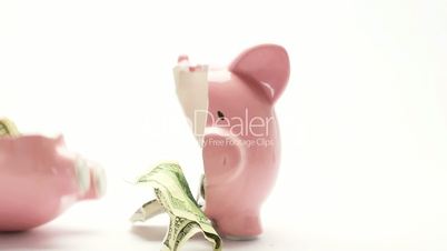 Piggy bank splitting in two with cash inside