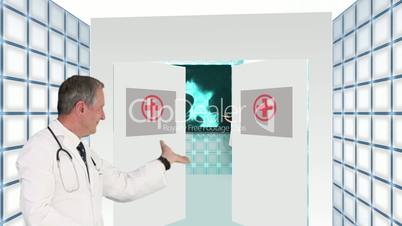 Doctor guiding you into futuristic hospital interface
