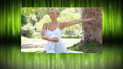 Montage of blonde woman doing yoga in the park