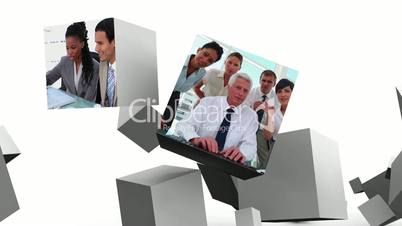 Cubes falling and dispersing to revel screens with business clips