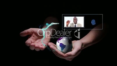 Hand presenting business people videos in his hands