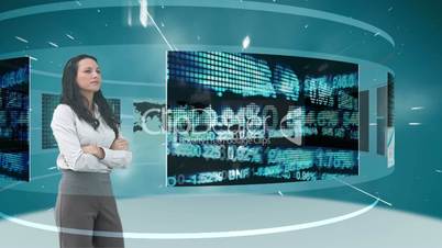 Animation of a businesswomen looking at futuristic interface