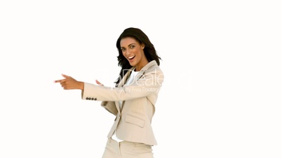 Businesswoman pointing her fingers and turning