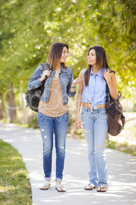 Young Adult Mixed Race Twin Sisters Walking Together