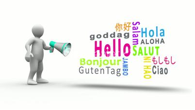 White figure yelling into a megaphone to reveal hello in different languages