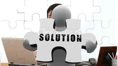 White figure holding jigsaw pieces to solve business problem