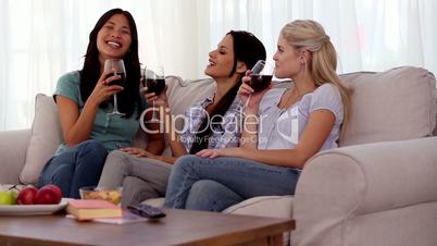 Group of friends having fun while drinking red wine 