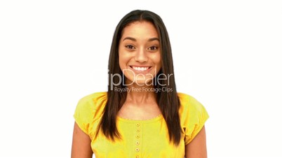 Cheerful woman being surprised on white background