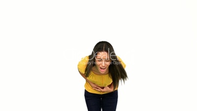 Woman suffering from belly pain on white background