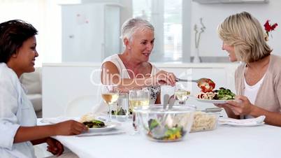 Woman offering meal to her friends