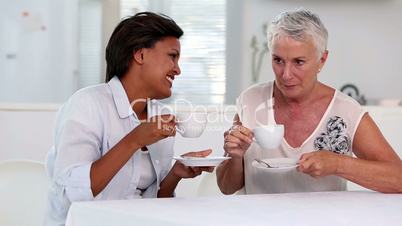 Two mature women gossiping during afternoon tea