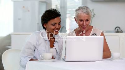 Two mature women looking at laptop