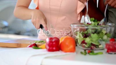 Women preparing food together while cutting vegetables