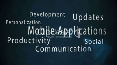 Montage of mobile application terms appearing with blue sparks