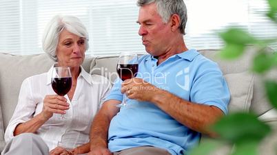 Mature couple enjoying red wine and smiling at camera