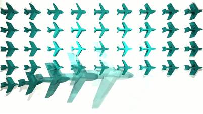 Blue airplanes appearing in a grid animation