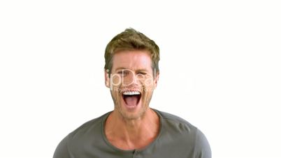 Man laughing on white background