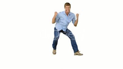 Man jumping to show his triumph on white background