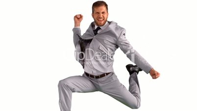 Excited businessman jumping and cheering