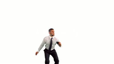 Businessman jumping and taking self portrait