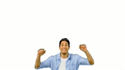 Man jumping for joy on white background