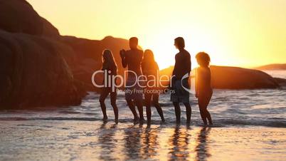 Silhouettes of friends having fun on the beach