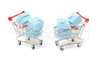 Cyan gift boxes in shopping carts