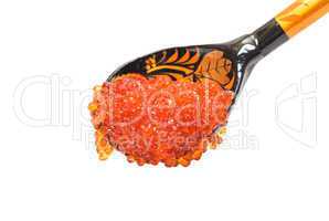 Red salted caviar with wooden spoon