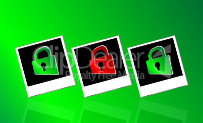 Set of instant photos and red padlock on abstract white background