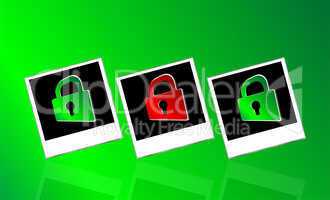 Set of instant photos and red padlock on abstract white background