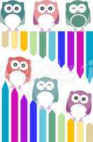 set of colorful owls with different expressions